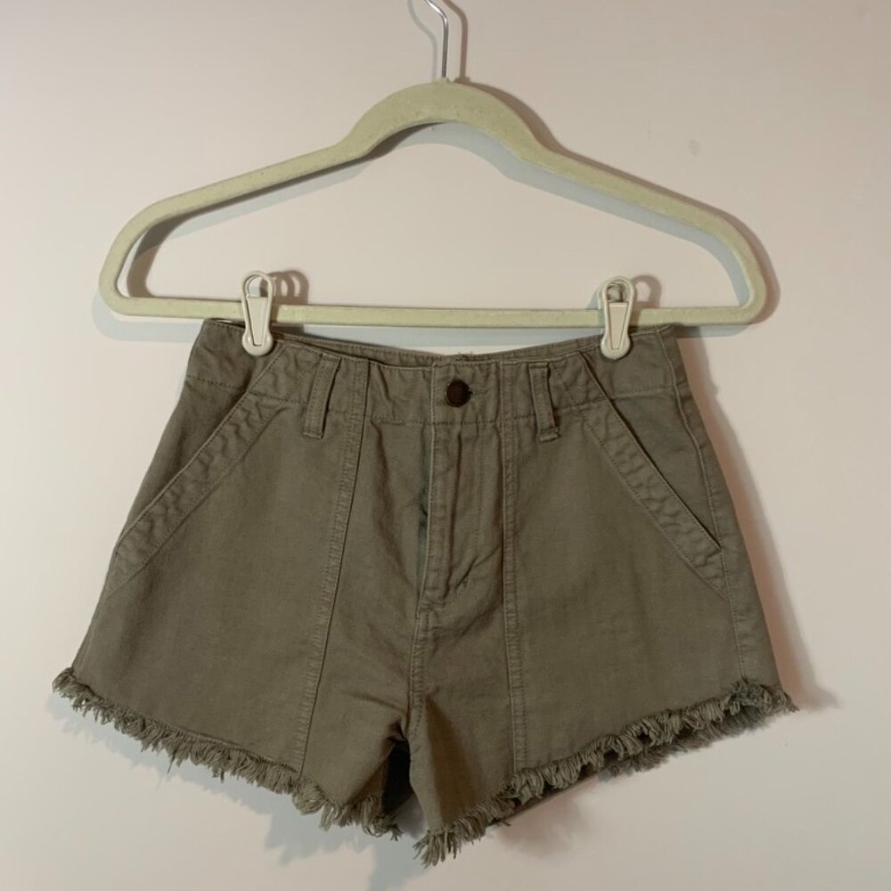 Women's Cotton Rip Curl High Waisted Shorts | Frayed Bottom | Army Green